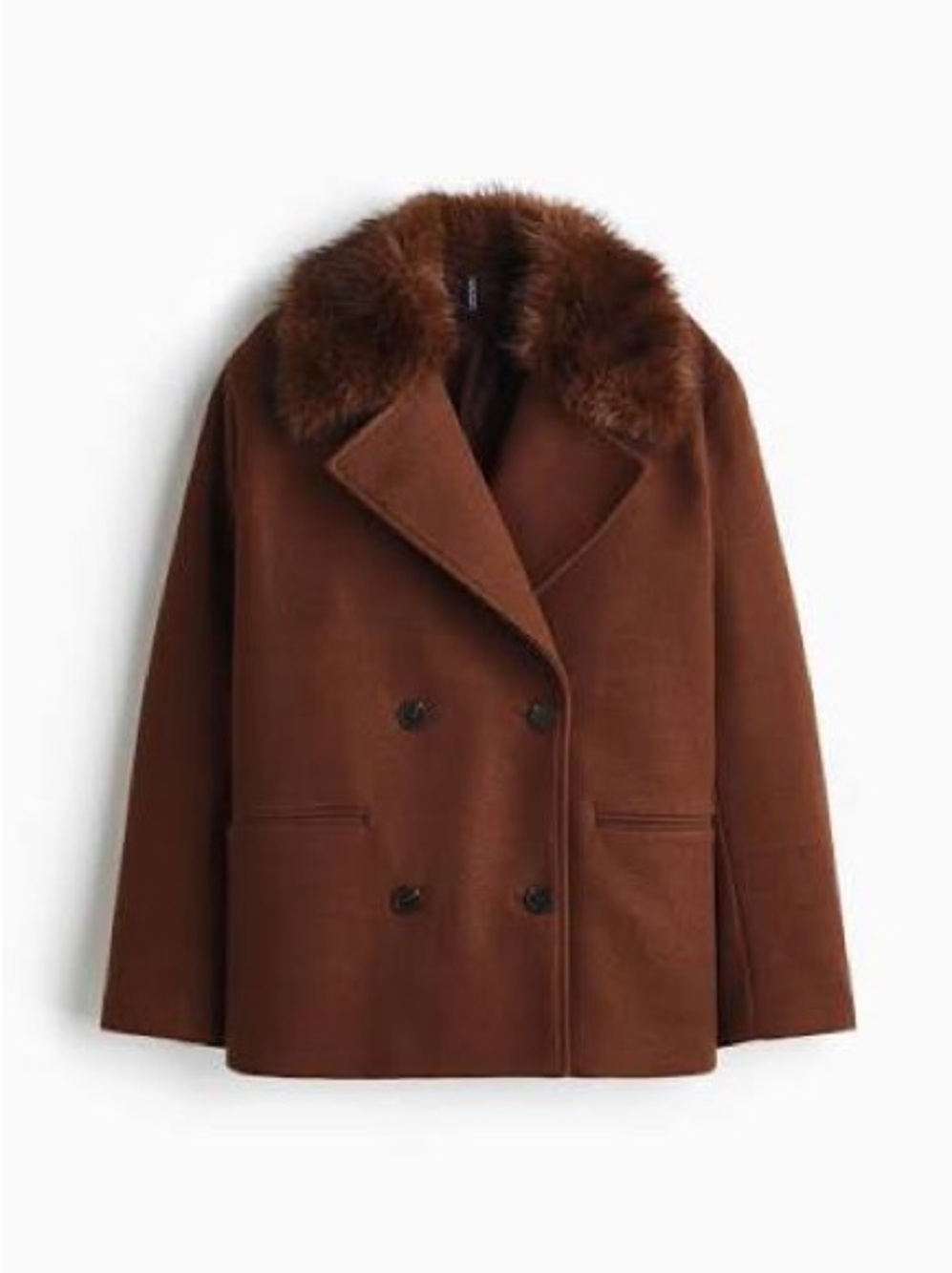 H&M Brown Faux Fur Collar Double-Breasted Peacoat